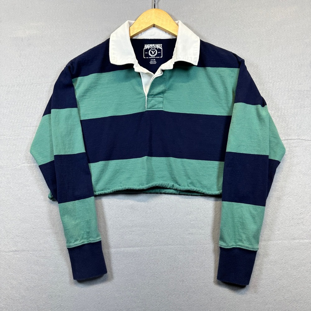 American Eagle Cropped Rugby Y2K Preppy Navy Green Striped Long Sleeve Small